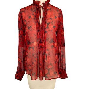 Joe Fresh Sheer Red Black Floral Ruffle Collar Tie Front Top Size Small